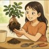 室内の明るい窓辺で、日本人女性が植木鉢からガジュマルをそっと持ち上げ、根の状態を確認している。テーブルの上には新しい鉢と新しい土、園芸用ハサミが置かれている。作業前のワクワクした雰囲気。