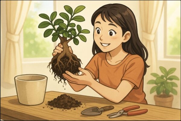 室内の明るい窓辺で、日本人女性が植木鉢からガジュマルをそっと持ち上げ、根の状態を確認している。テーブルの上には新しい鉢と新しい土、園芸用ハサミが置かれている。作業前のワクワクした雰囲気。