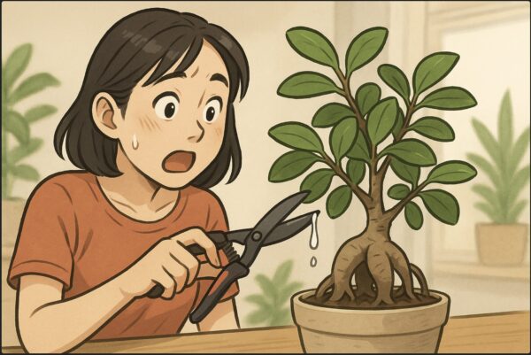 日本人女性が自宅のリビングで、剪定ばさみを手にガジュマルの枝を切った直後、白い樹液が垂れている様子を驚いた表情で見つめている。背景には観葉植物のある明るい室内。