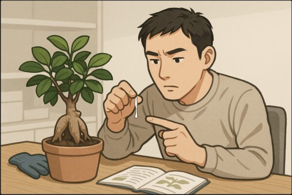 日本人男性が屋内のテーブルで、ガジュマルの枝から出た白い乳液状の樹液を指先で確認している。横には手袋と解説書が置かれており、慎重な表情。背景は清潔な作業スペース。