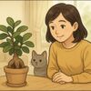 明るい室内で、日本人女性がリビングのテーブルに置かれたガジュマルを見つめている。横には小型犬と猫が座っており、女性は優しく見守る表情。観葉植物の安全管理を意識した穏やかな雰囲気。