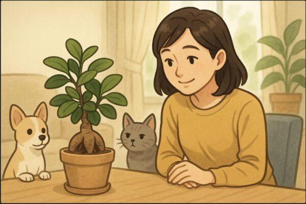 明るい室内で、日本人女性がリビングのテーブルに置かれたガジュマルを見つめている。横には小型犬と猫が座っており、女性は優しく見守る表情。観葉植物の安全管理を意識した穏やかな雰囲気。