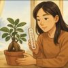 冬のリビングで、日本人女性が窓際に置かれたガジュマルの鉢を両手で包み込み、外の寒い景色を見ながら温度計を確認している。背景にはカーテン越しの柔らかい日差し。暖かな照明。