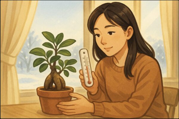 冬のリビングで、日本人女性が窓際に置かれたガジュマルの鉢を両手で包み込み、外の寒い景色を見ながら温度計を確認している。背景にはカーテン越しの柔らかい日差し。暖かな照明。