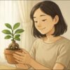 明るい室内の窓辺で、日本人女性がレースのカーテン越しに柔らかい光を受けながら、小さなガジュマルの鉢を両手で優しく持ち上げ、葉の様子を確かめている。ナチュラルなインテリア、穏やかな表情。