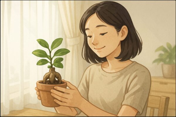 明るい室内の窓辺で、日本人女性がレースのカーテン越しに柔らかい光を受けながら、小さなガジュマルの鉢を両手で優しく持ち上げ、葉の様子を確かめている。ナチュラルなインテリア、穏やかな表情。