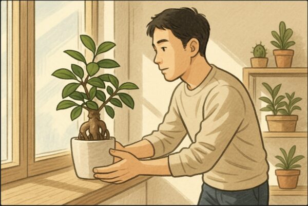 日本人男性が部屋の中で、ガジュマルの鉢を日当たりのよい窓辺や棚の上に配置場所を変えながら、光の当たり方を確認している。明るい室内と植物の影が映る背景。