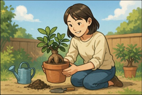 日本人女性が庭の片隅でガジュマルの鉢を両手で支え、青空の下で植え替えの準備をしている。周囲にはジョウロや小さなスコップなど園芸用品が置かれている。明るく穏やかな屋外シーン。