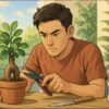 日本人男性が、ベランダの作業台の上でガジュマルの幹を前に、真剣な表情で剪定ばさみを構えている。横には小さな鉢や霧吹き、清潔なナイフ、消毒液が置かれている。春の明るい日差し、背景に観葉植物。
