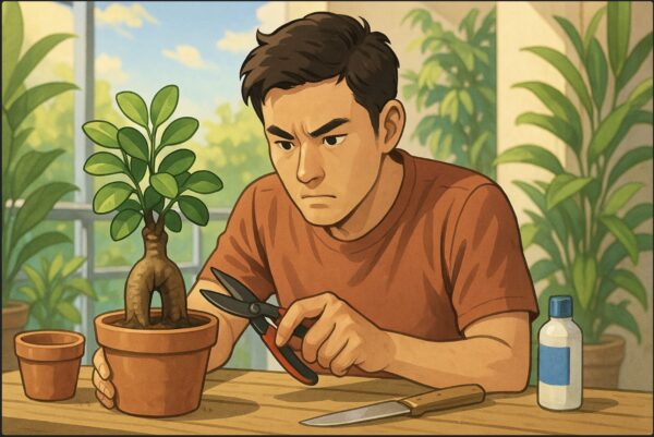 日本人男性が、ベランダの作業台の上でガジュマルの幹を前に、真剣な表情で剪定ばさみを構えている。横には小さな鉢や霧吹き、清潔なナイフ、消毒液が置かれている。春の明るい日差し、背景に観葉植物。