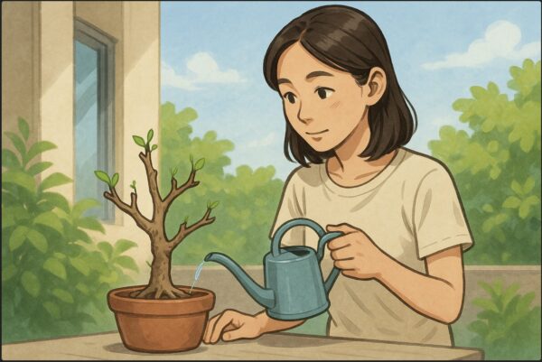 日本人女性が剪定を終えたガジュマルを明るい日陰に置き、水差しを持って様子を観察している。枝だけの幹から小さな新芽が出始めている。穏やかな初夏の空気感。