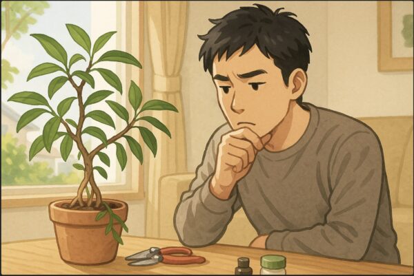 日本人男性がリビングの窓際で徒長したガジュマルを観察し、丸坊主にするか悩んでいる。机の上には剪定バサミと癒合剤が並び、柔らかい自然光が差し込む。