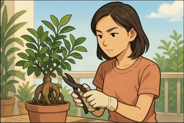 日本人女性がベランダで健康そうなガジュマルを前に、剪定ハサミを構えて枝を確認している。背景に観葉植物や青空。安全手袋を着用し、真剣な表情。