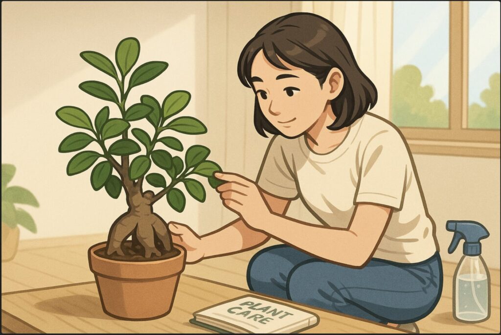 日本人女性が明るい部屋で、ガジュマルの鉢を前にしゃがみ、幹や葉の形をじっくり観察している。横には育て方の本とスプレーボトル。初心者らしい穏やかな表情。
