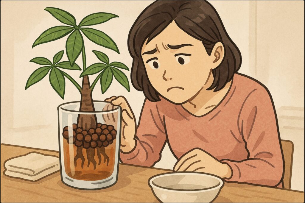 日本人女性が室内で、パキラの根元を覗き込みながら、容器の底に溜まった濁った水を見て困った表情をしている。机の上にはタオルと洗浄用のボウル。