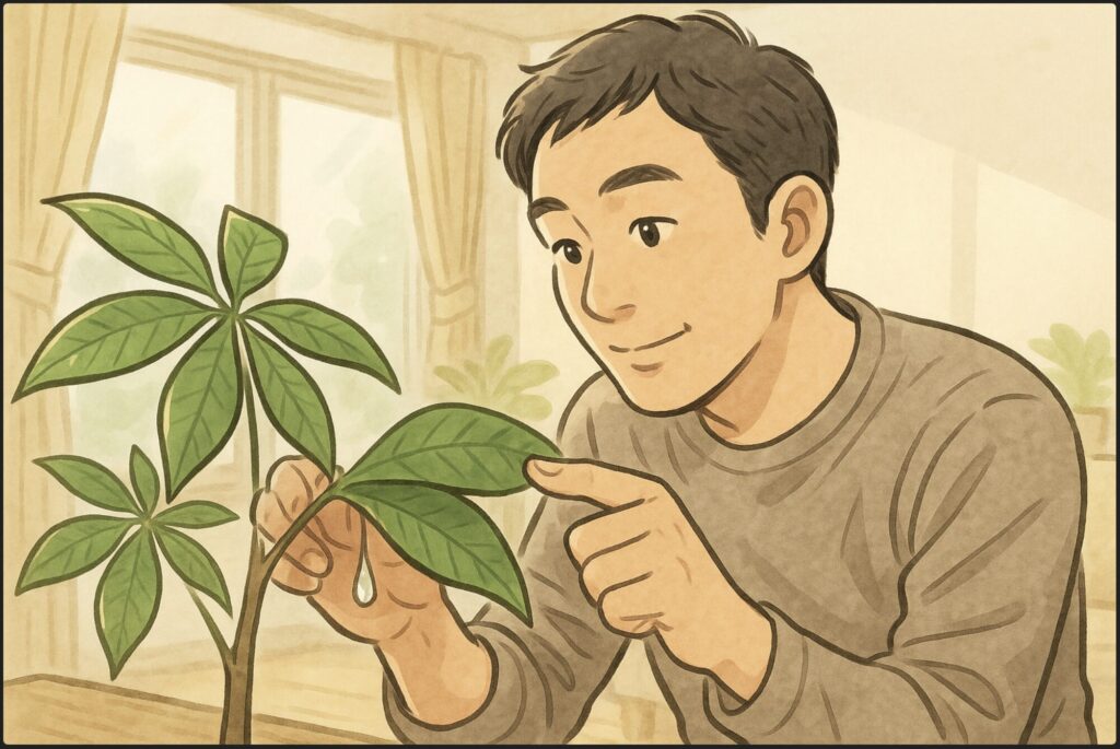 日本人男性が明るい室内で、パキラの葉の裏を指で優しくめくり、水滴のような樹液を観察している。背景に窓から光が差し込むリビング。