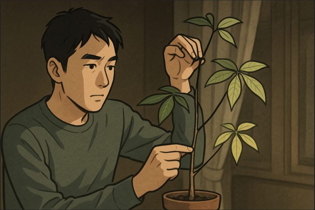 日本人男性が、細く伸びたパキラの枝を手で持ち上げ、葉の色の薄さを見比べている。背景にはカーテン越しのやや暗い室内。パキラの葉が小さく、茎が間延びしている様子が分かる。