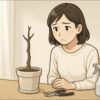 日本人女性が、丸坊主になったパキラの鉢を前に少し不安そうな表情で見つめている。室内の明るい窓辺で、剪定バサミと霧吹きがテーブルに置かれている。柔らかい自然光、清潔感のある雰囲気。