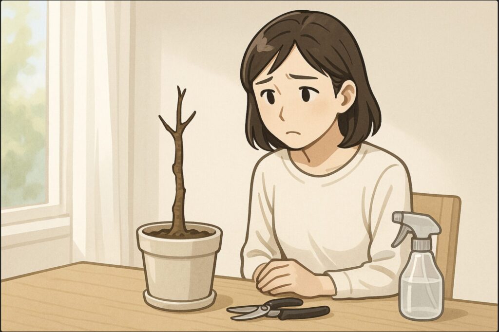 日本人女性が、丸坊主になったパキラの鉢を前に少し不安そうな表情で見つめている。室内の明るい窓辺で、剪定バサミと霧吹きがテーブルに置かれている。柔らかい自然光、清潔感のある雰囲気。