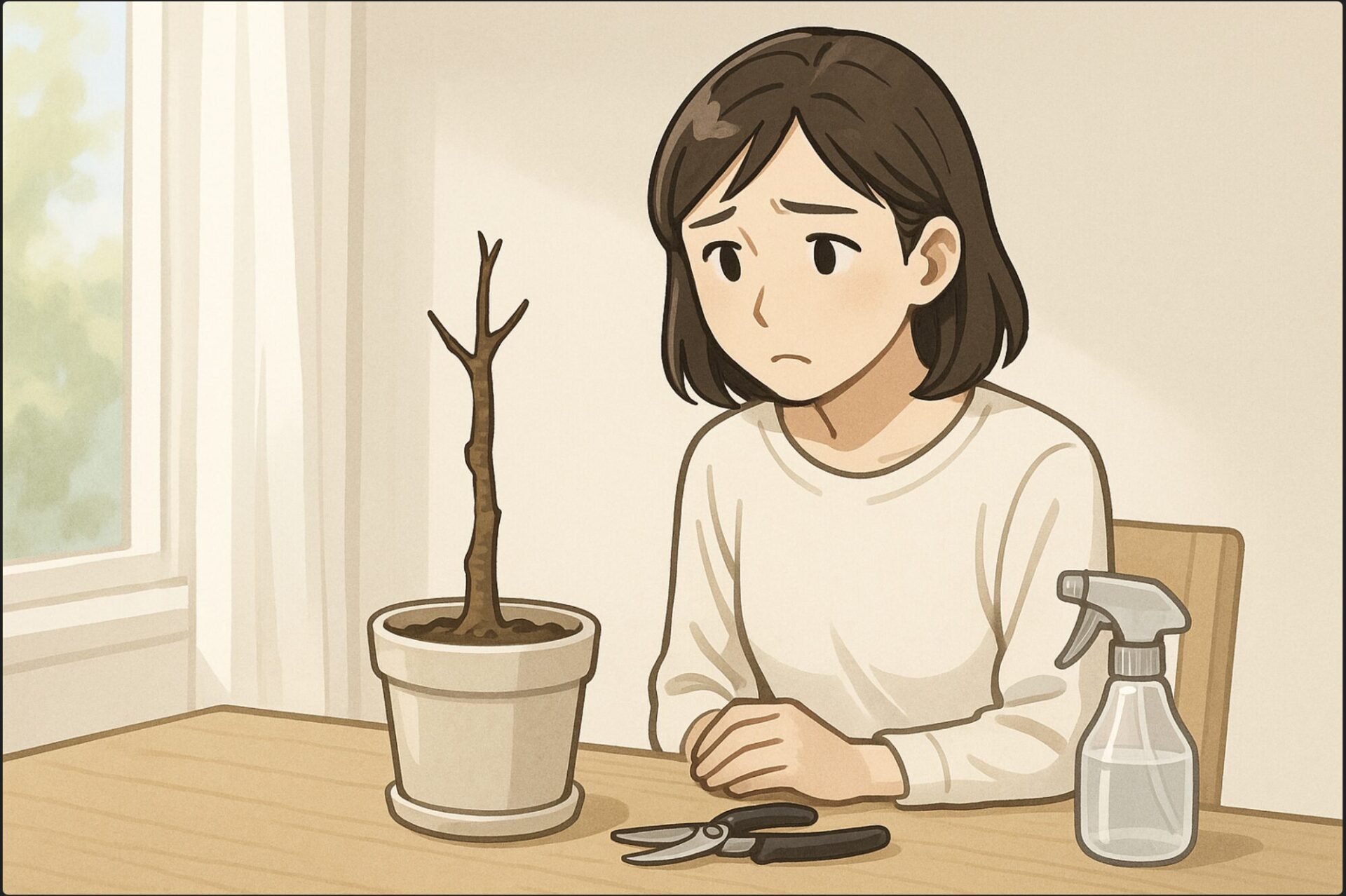 日本人女性が、丸坊主になったパキラの鉢を前に少し不安そうな表情で見つめている。室内の明るい窓辺で、剪定バサミと霧吹きがテーブルに置かれている。柔らかい自然光、清潔感のある雰囲気。