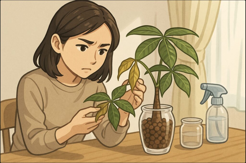 日本人女性が机の上のしおれたパキラの葉を手に取り、光に透かして確認している。傍らには霧吹きと清潔な容器があり、真剣な表情。