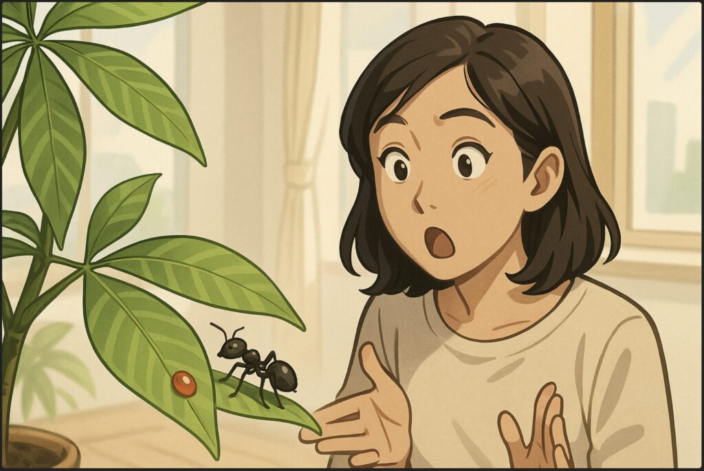 日本人女性がパキラの葉を眺めながら、近くで小さなアリが蜜を舐めている様子を見て驚いている。自然光の入る窓辺の室内、清潔で明るい雰囲気。