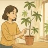 室内の明るいリビングで、日本人女性が細長く伸びた徒長気味のパキラを見つめながら、光の当たる窓際へ鉢を移動させている。背景には柔らかな自然光と観葉植物の棚。