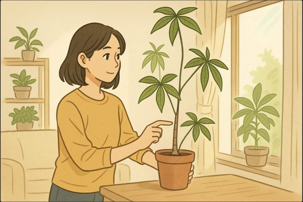 室内の明るいリビングで、日本人女性が細長く伸びた徒長気味のパキラを見つめながら、光の当たる窓際へ鉢を移動させている。背景には柔らかな自然光と観葉植物の棚。