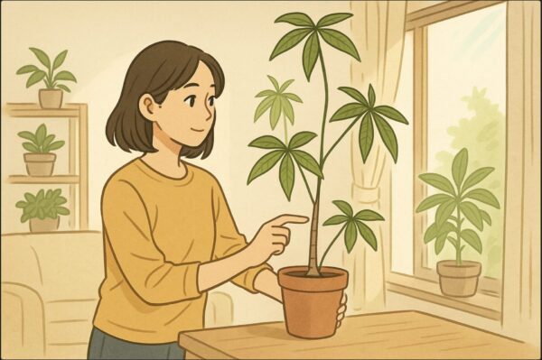 室内の明るいリビングで、日本人女性が細長く伸びた徒長気味のパキラを見つめながら、光の当たる窓際へ鉢を移動させている。背景には柔らかな自然光と観葉植物の棚。