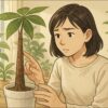 日本人女性がリビングの窓際で、茶色く木質化したパキラの幹を指で軽く触りながら観察している。周囲には明るい自然光、観葉植物がいくつか並んでいる。表情は少し不安げだが真剣。