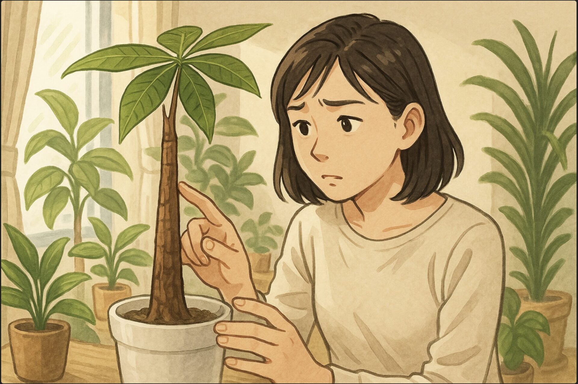 日本人女性がリビングの窓際で、茶色く木質化したパキラの幹を指で軽く触りながら観察している。周囲には明るい自然光、観葉植物がいくつか並んでいる。表情は少し不安げだが真剣。