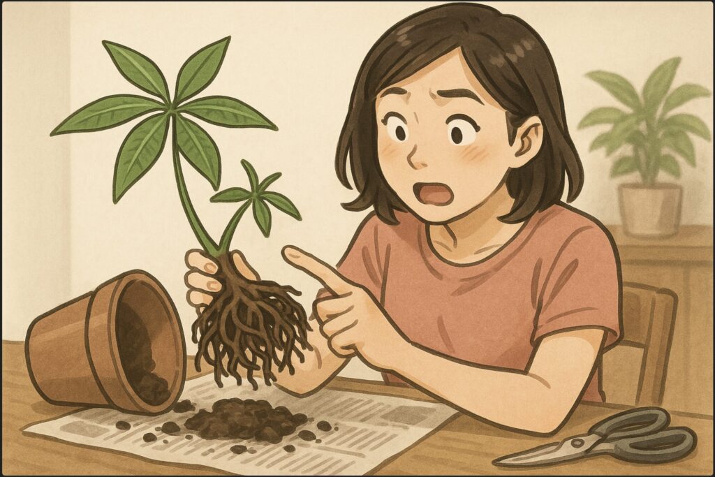 日本人女性が室内で、鉢から出したパキラの根を観察している。ブヨブヨした根を指で触り、少し驚いた表情。テーブルの上に園芸ハサミと新聞紙。