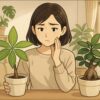 日本人女性がリビングの明るい窓辺で、パキラの鉢とガジュマルの鉢を並べ、どちらを選ぶか悩みながら見比べている。背景はナチュラルなインテリアで観葉植物が数点置かれている。柔らかな日差し、穏やかな雰囲気。
