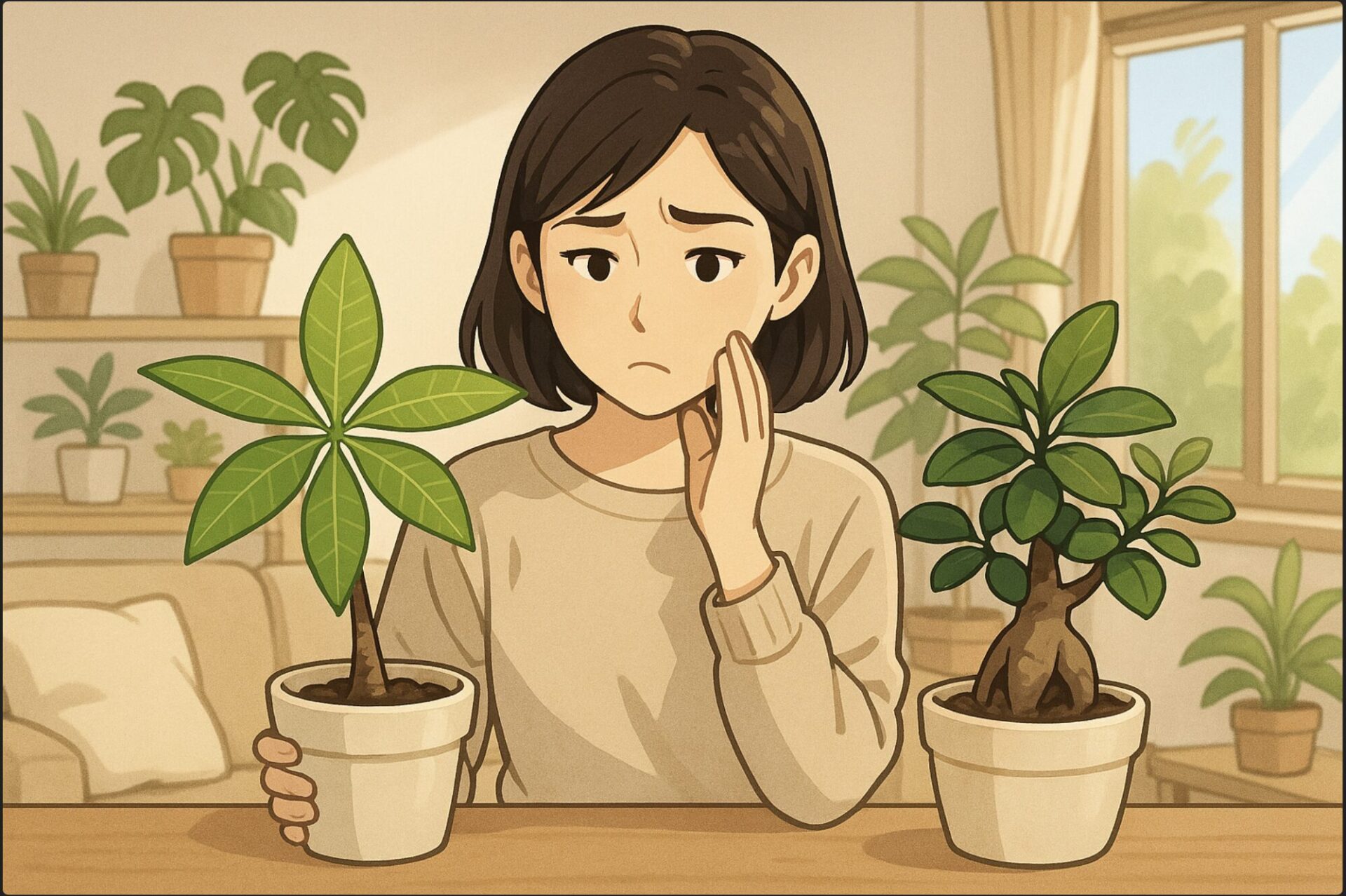 日本人女性がリビングの明るい窓辺で、パキラの鉢とガジュマルの鉢を並べ、どちらを選ぶか悩みながら見比べている。背景はナチュラルなインテリアで観葉植物が数点置かれている。柔らかな日差し、穏やかな雰囲気。