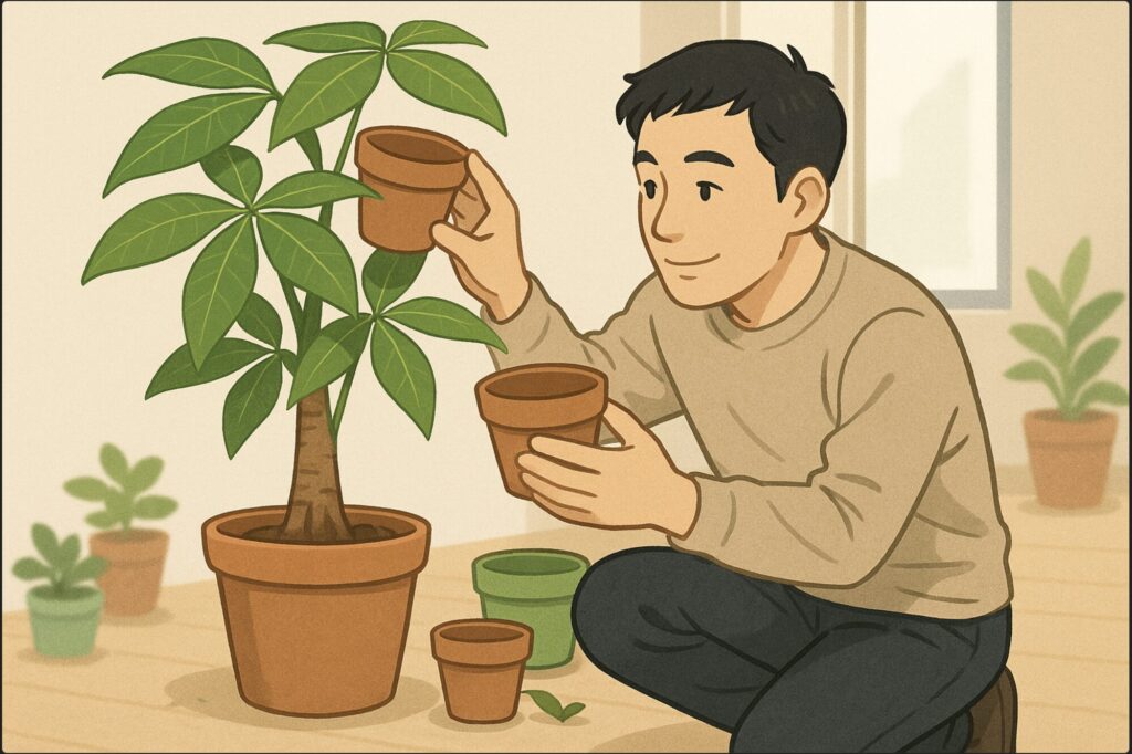 日本人男性がパキラの株元前で、両手に小さな空の植木鉢を持ち、高低差と配置バランスをイメージしながら位置を当てて比較している。足元にグリーンの小鉢が数点ぼかしで置かれ、主役はパキラ。