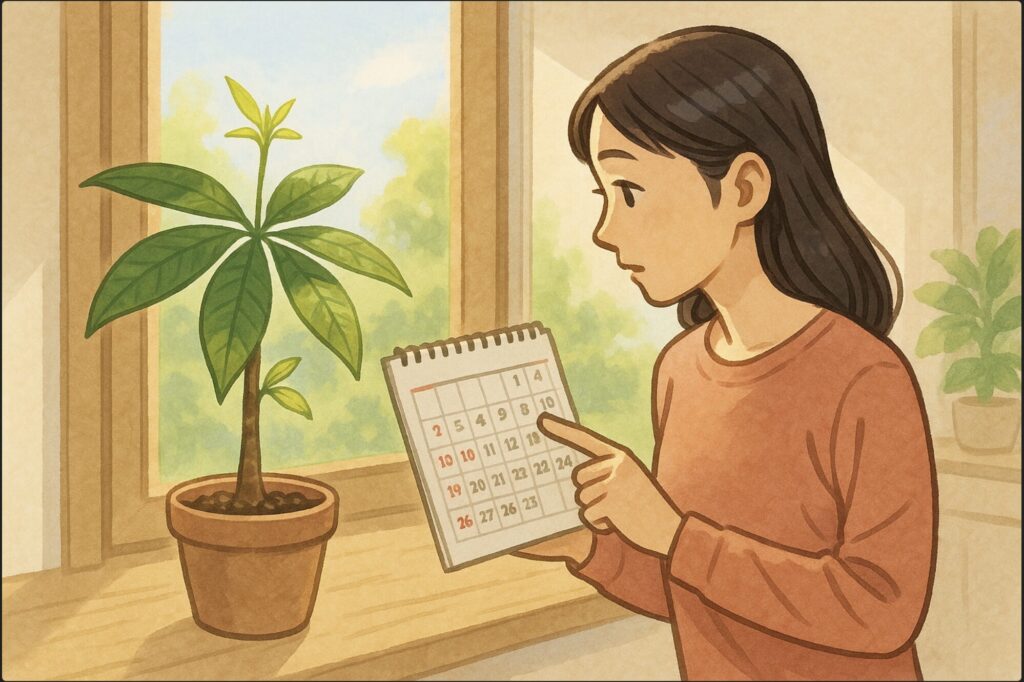 日本人女性がカレンダーを見ながら、窓際のパキラを観察している。外は春の陽光が差し込み、植物が新芽を出している。