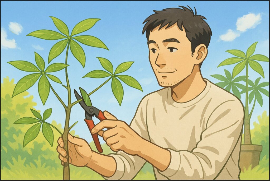 春の日差しが差し込む庭で、日本人男性が健康なパキラの枝を確認しながら、剪定ばさみを持って切るタイミングを見定めている。背景には青空と若葉。