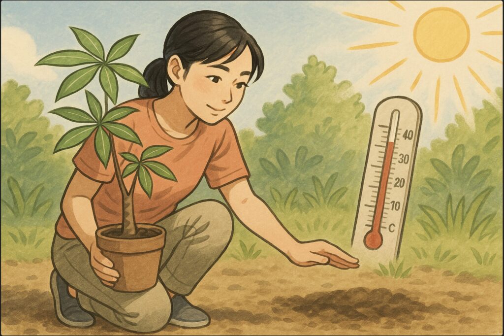 日本人女性がパキラの鉢植えを持ち、庭の土の温度を確認するようにしゃがんで手をかざしている。背景に温度計や日差しのイメージ。柔らかい自然光の屋外。