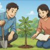 日本人男性と女性が自宅の庭でパキラを見ながら植え付け計画を立てている。男性がスコップを持ち、女性が園芸ノートを開いて確認している。背景に青空と緑の庭。明るく爽やかな雰囲気。