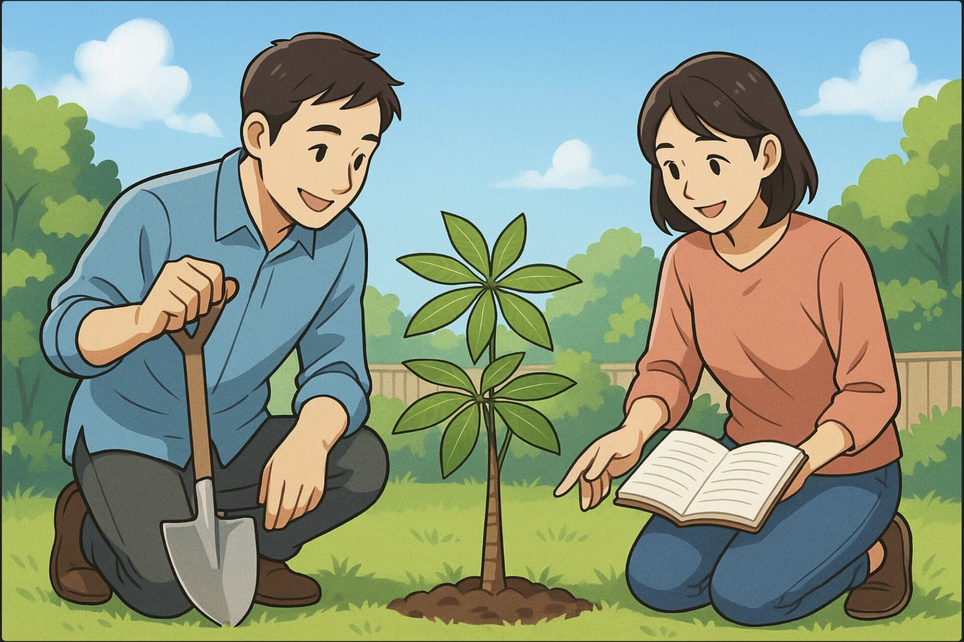 日本人男性と女性が自宅の庭でパキラを見ながら植え付け計画を立てている。男性がスコップを持ち、女性が園芸ノートを開いて確認している。背景に青空と緑の庭。明るく爽やかな雰囲気。