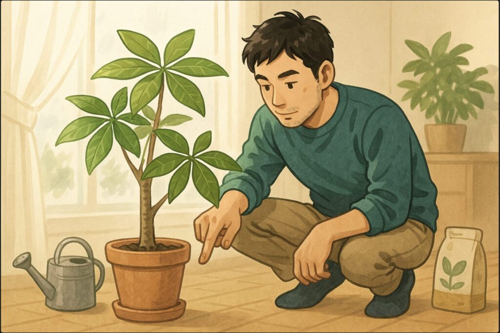 日本人男性がパキラの鉢の前でしゃがみ、指で土の乾き具合を確かめている。周囲にはじょうろと肥料が置かれており、自然光の入る明るい部屋。