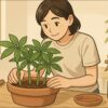 室内の作業台で、日本人女性がパキラの寄せ植えを作る前に、鉢の中へ複数の苗を仮置きして上から両手で位置を微調整している。背景に明るい窓と園芸道具、主役は瑞々しいパキラ。