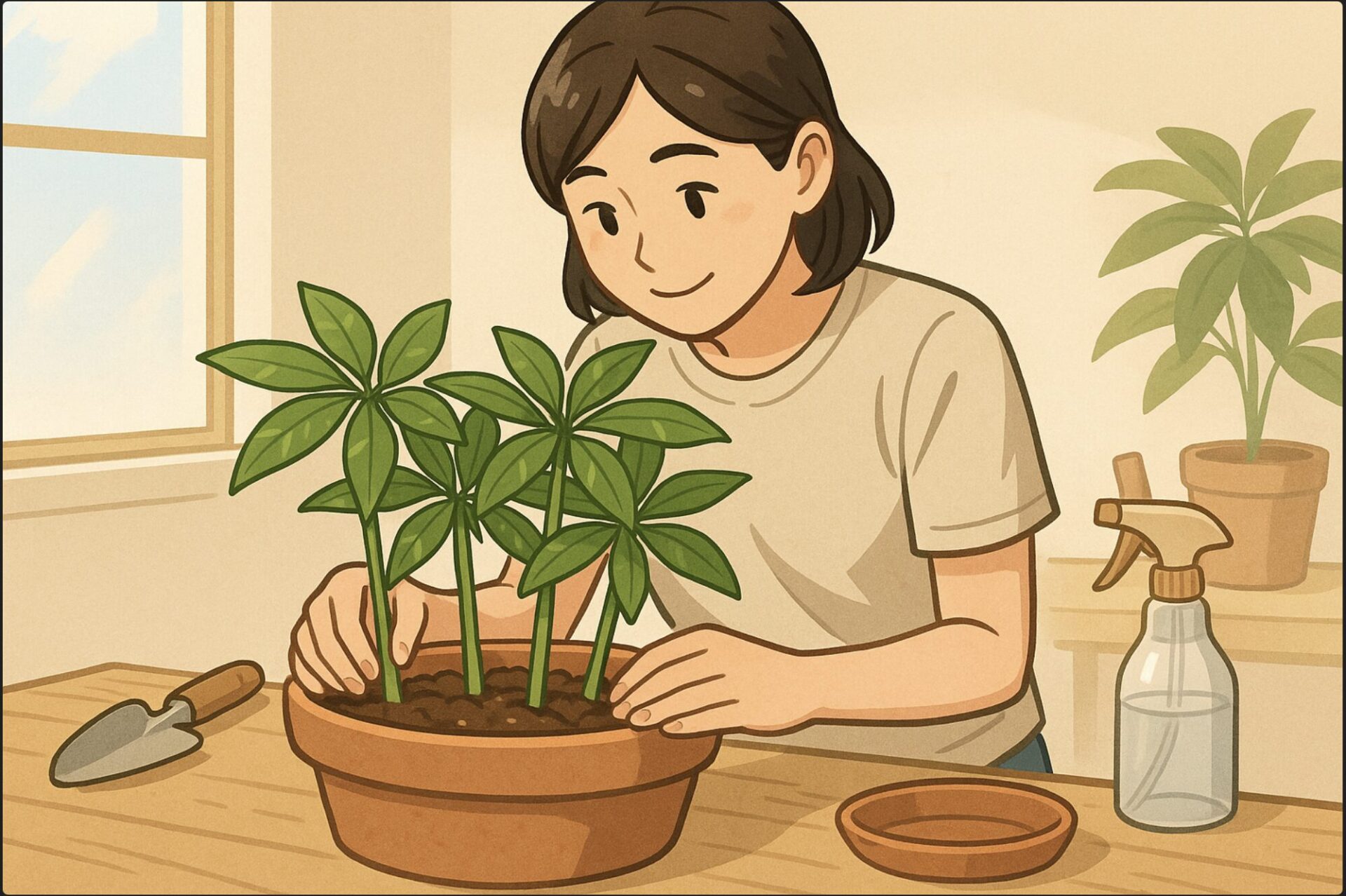 室内の作業台で、日本人女性がパキラの寄せ植えを作る前に、鉢の中へ複数の苗を仮置きして上から両手で位置を微調整している。背景に明るい窓と園芸道具、主役は瑞々しいパキラ。