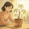 明るいリビングで日本人女性が、元気のないパキラの鉢を両手で支えながら、光の当たる窓辺に置き直している。背景には観葉植物が並び、希望の光が差し込む。