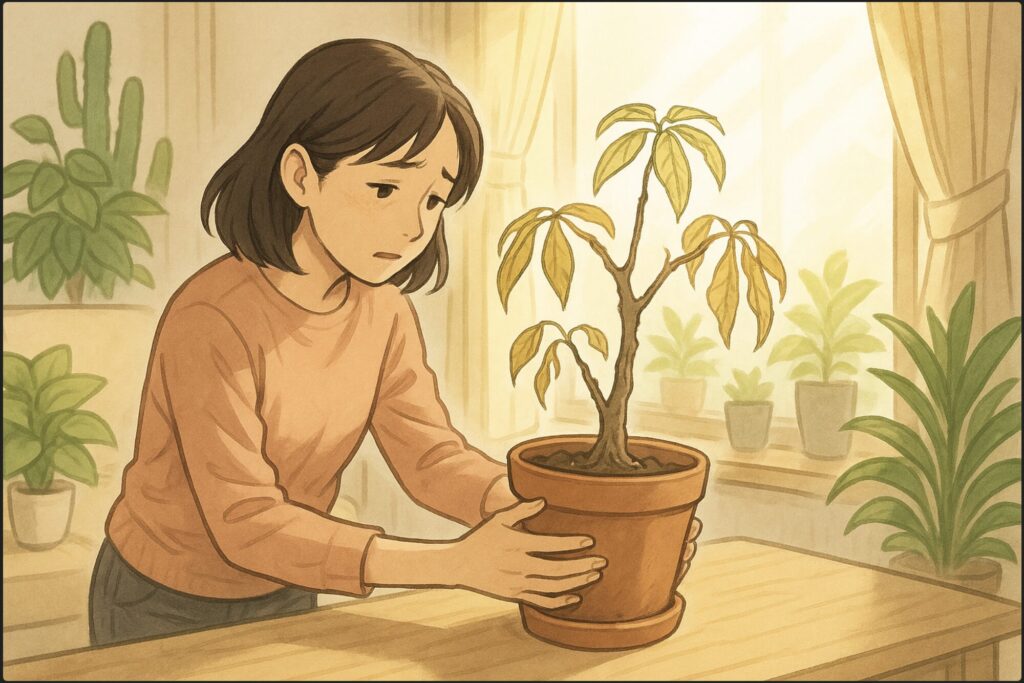 明るいリビングで日本人女性が、元気のないパキラの鉢を両手で支えながら、光の当たる窓辺に置き直している。背景には観葉植物が並び、希望の光が差し込む。