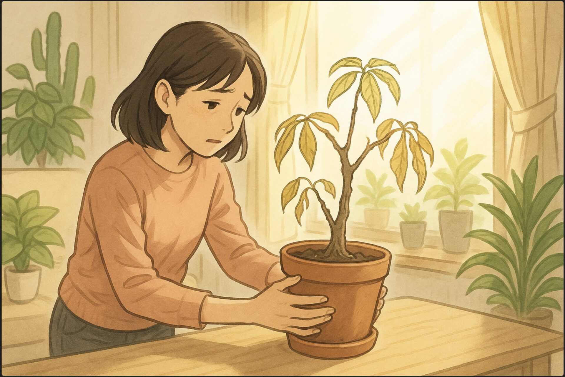 明るいリビングで日本人女性が、元気のないパキラの鉢を両手で支えながら、光の当たる窓辺に置き直している。背景には観葉植物が並び、希望の光が差し込む。