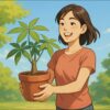 春の庭先で、日本人女性が明るい笑顔でパキラの鉢植えを両手で持ち、日光の当たる場所へ運んでいる。背景に新緑の木々と青空、自然な屋外の雰囲気。