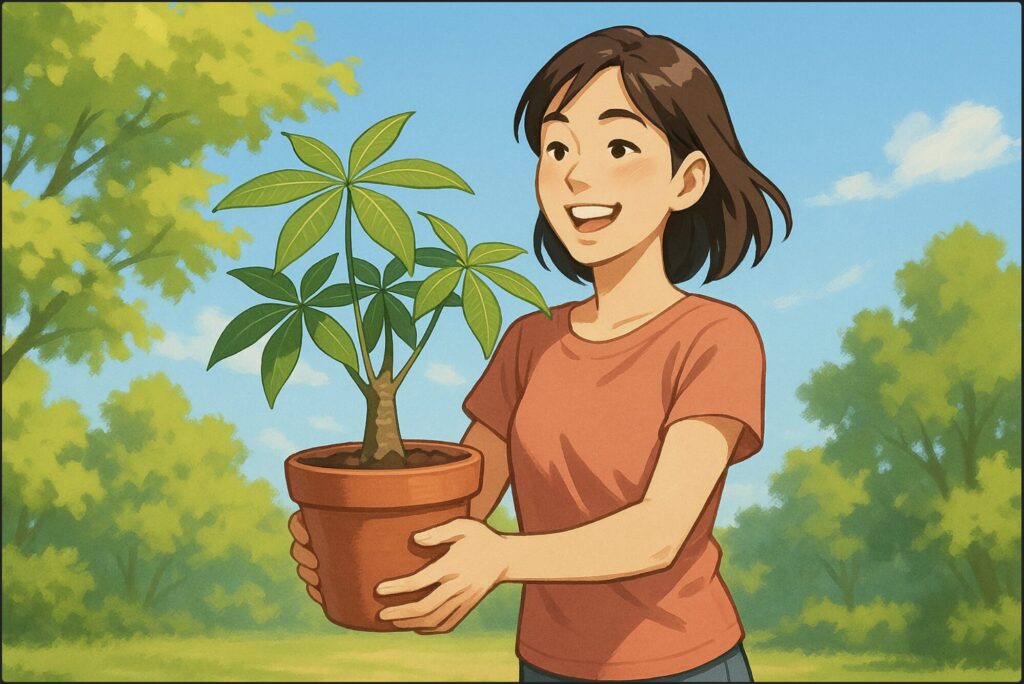 春の庭先で、日本人女性が明るい笑顔でパキラの鉢植えを両手で持ち、日光の当たる場所へ運んでいる。背景に新緑の木々と青空、自然な屋外の雰囲気。