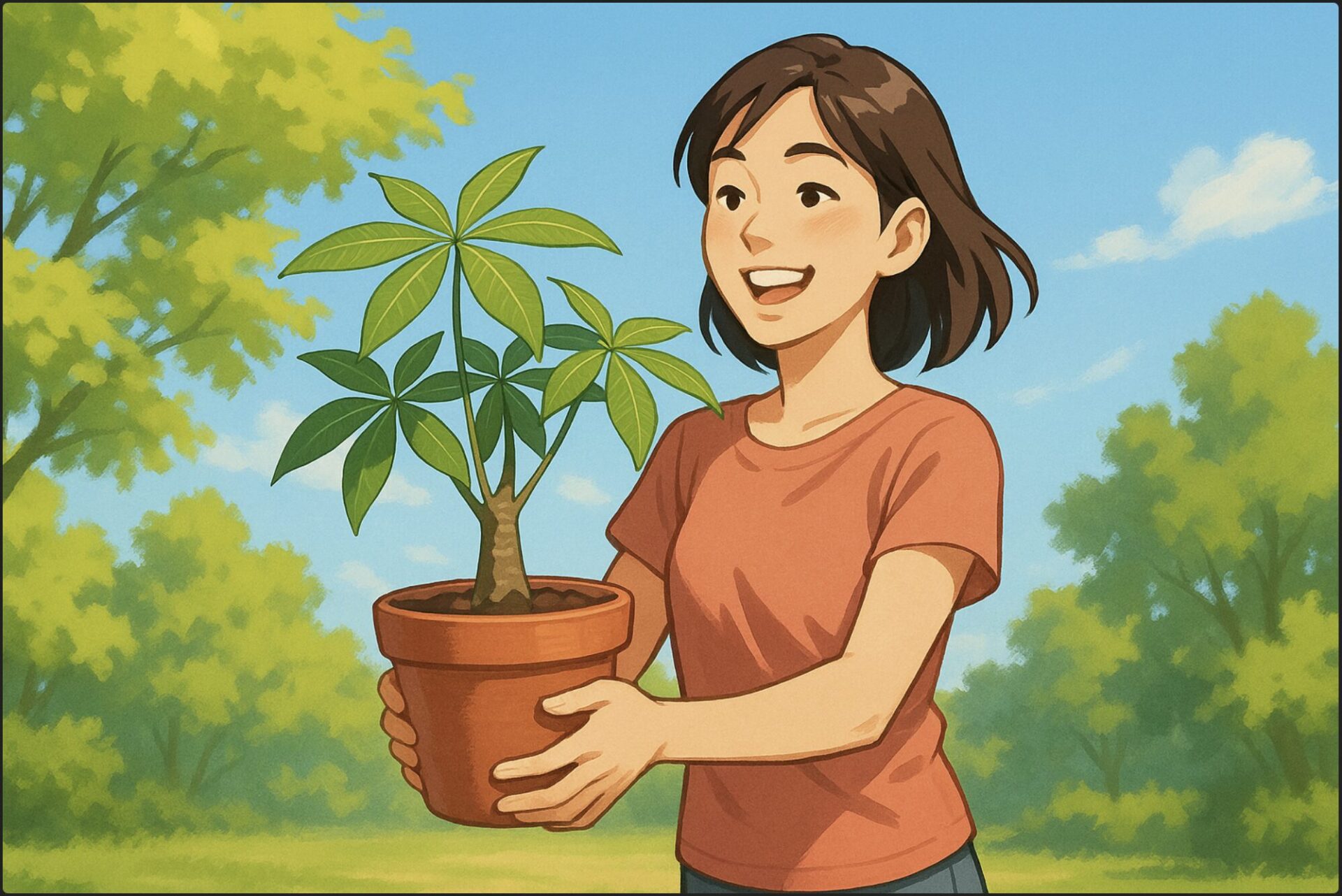 春の庭先で、日本人女性が明るい笑顔でパキラの鉢植えを両手で持ち、日光の当たる場所へ運んでいる。背景に新緑の木々と青空、自然な屋外の雰囲気。