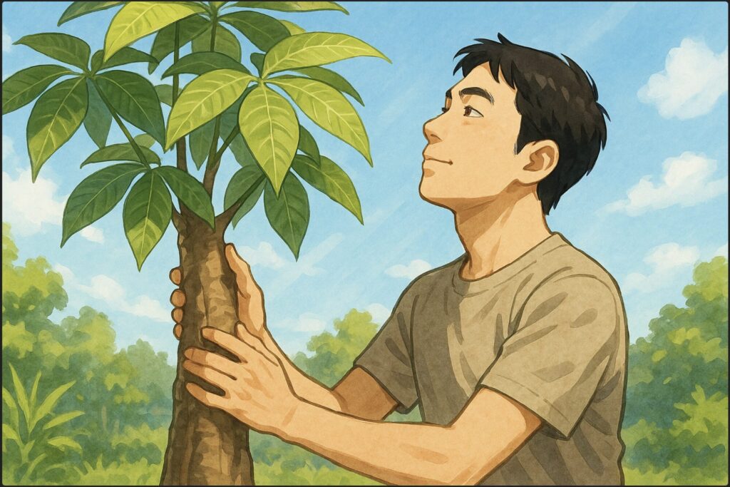 屋外の庭で日本人男性が、20年以上育てられた立派なパキラを見上げながら幹を手で触れて確認している。背景に青空と日差し、成長の力強さを感じる構図。
